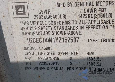 2000 Chevrolet Silverado 1500 C1500 z USA, uszkodzony, nr VIN 1GCEC14W1YZ152507